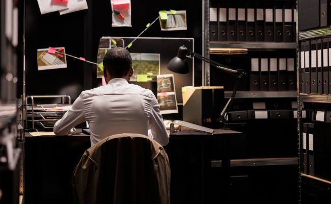 Homme en chemise blanche travaillant à un bureau dans une ambiance sombre, entouré d'étagères de dossiers et d'un mur d'enquête avec photos et cartes épinglées.
