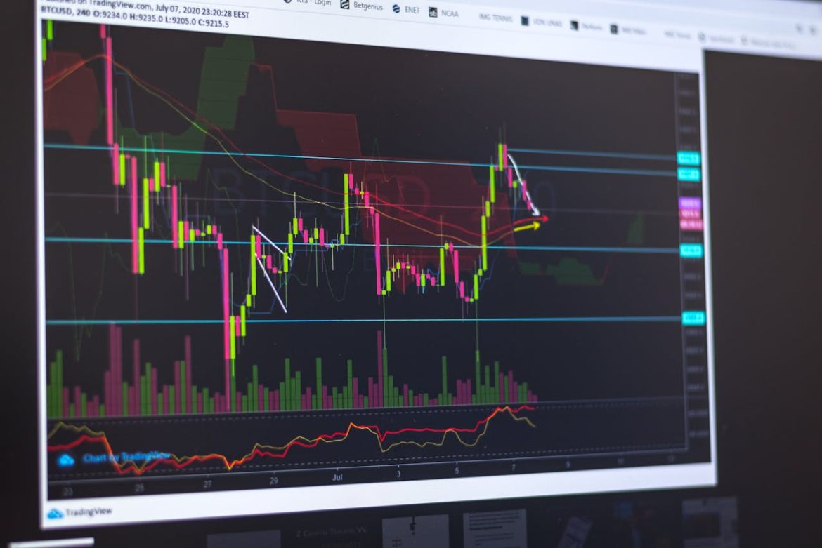 Un écran d’ordinateur affichant des graphiques financiers boursiers complexes avec des bougies japonaises rouges et vertes et des indicateurs de volume, parfait pour illustrer le cadre décisionnel d’un investisseur débutant.